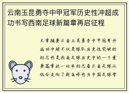 云南玉昆勇夺中甲冠军历史性冲超成功书写西南足球新篇章再启征程 云南玉昆勇夺中甲冠军历史性冲超成功书写西南足球新篇章再启征程