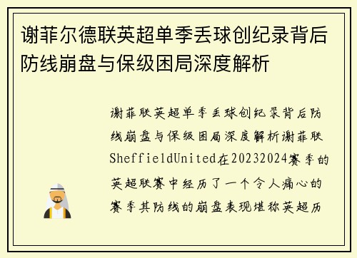 谢菲尔德联英超单季丢球创纪录背后防线崩盘与保级困局深度解析 谢菲尔德联英超单季丢球创纪录背后防线崩盘与保级困局深度解析