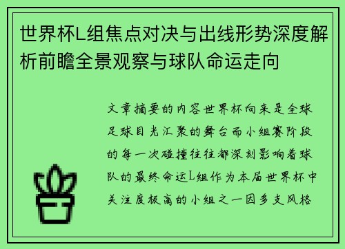 世界杯L组焦点对决与出线形势深度解析前瞻全景观察与球队命运走向